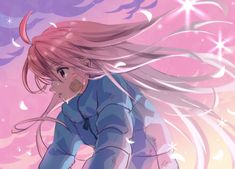 an anime character with long hair flying through the air in front of purple and pink background