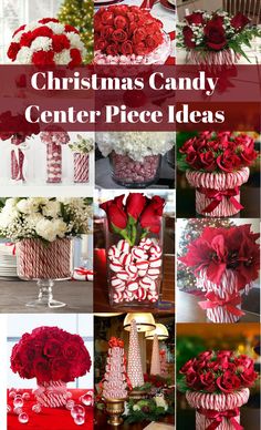 christmas candy center piece ideas with red and white flowers in the center, on display