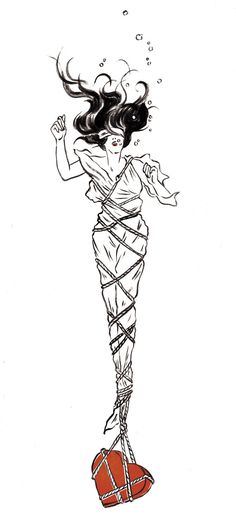 a drawing of a woman standing on top of a red ball with her hair blowing in the wind