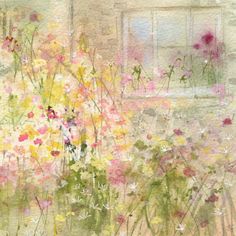 watercolor painting of flowers in front of a window