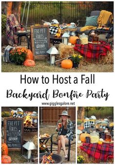 how to host a fall backyard bonfire party with lots of pumpkins, hay and decorations