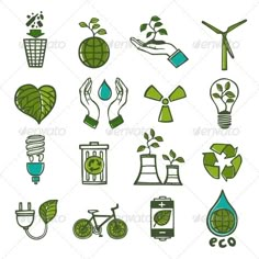 green energy icons set on white background