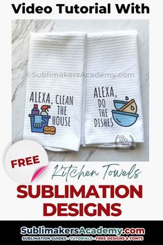 two white towels with the words, kitchen towel designs on them