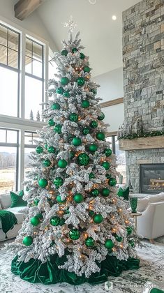 a white and green christmas tree in the middle of a living room with large windows