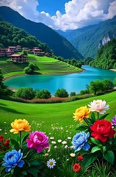 colorful flowers are in the foreground with a lake and mountains in the background