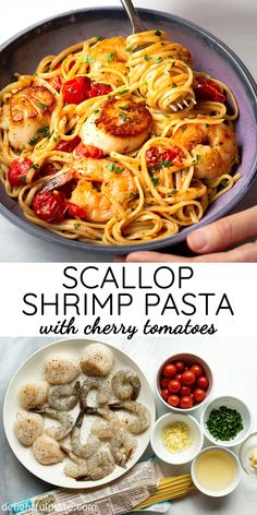 shrimp pasta with cherry tomatoes and parmesan cheese is an easy dinner recipe that's ready in under 30 minutes