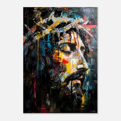 a painting of the face of jesus on a black and white background with red, yellow, and blue colors