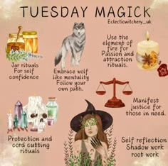 a poster with the words tuesday magick written in different languages and pictures on it