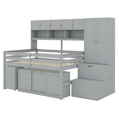 a bunk bed with drawers underneath it and an underbed storage unit below the bed