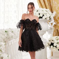 The Romantic Dress Made In The Silhouette Of Baby Doll Is Completely Decorated With Sequins, Which Together With Floral Appliques Create A Cute Image. Length: Short Colour: Black Neckline: Off Shoulder Silhouette: Baby Doll Sleeve: Removable Puff Sleeves Back: Semi-Open, Zipper Skirt: Layered Embellishments: Floral Applique, Glitter Occasion: Romantic Date/Evening/Dinner, Wedding/Bridesmaid, Graduation, Fashion Show, Visiting Theater/Museum/Restaurant, Banquet, Photo Shoot, Concert, Ball Gown Ta Sorority Formal Dress, Short Strapless Prom Dresses, Strapless Homecoming Dresses, Black Sage, Sheer Corset, Strapless Dresses Short, Prom Season, Skirt Details, Corset Boning