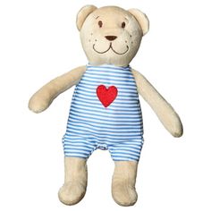 a teddy bear wearing a blue and white striped shirt with a red heart on it's chest