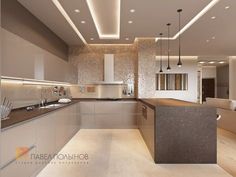 a modern kitchen with an island counter and bar stools in the center, along with white walls and ceiling lights