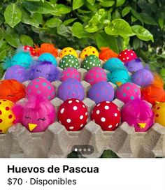 an egg carton filled with lots of colorful eggs