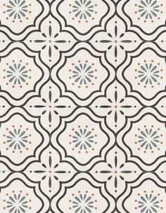 a black and white tile pattern with orange dots on the center, in an ornate design