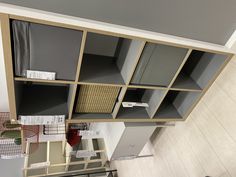 an overhead view of some shelves and drawers