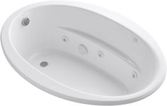 the bathtub is white and has four holes on the side for water to flow