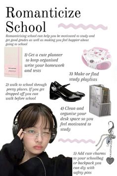 an advertisement for a woman's school with headphones and other items