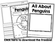 two penguins worksheets with the text, all about penguins and an image of a penguin