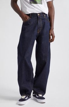 A stovepipe silhouette brings trend-savvy appeal to these jeans crafted from nonstretch Japanese selvedge denim and finished with contrast topstitching. 33" inseam; 19" leg opening; 13 1/2" front rise; 17 1/2" back rise (size 36) Zip fly with button closure Five-pocket style 100% cotton Machine wash, tumble dry Made in the USA Designer Clothing Straight Leg Jeans With Contrast Stitching For Fall, Fall Jeans With Contrast Stitching In Rigid Denim, Casual Fitted Flare Jeans With Contrast Stitching, Fall Jeans With Contrast Stitching In Denim Blue, Casual Flare Jeans With Contrast Stitching For Fall, Classic Bottoms With Contrast Stitching For Fall, Classic Fall Bottoms With Contrast Stitching, Dark Wash Relaxed Fit Jeans With Standard Cut Leg, Casual Medium Wash Flare Jeans With Contrast Stitching