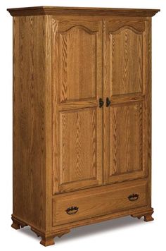 a wooden armoire with two doors and drawers