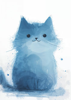 a watercolor painting of a blue cat