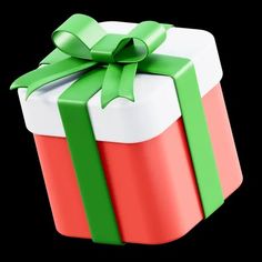 a red and white gift box with a green ribbon around it's bow, on a black background