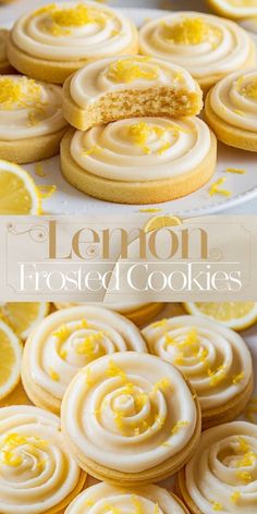 lemon frosted cookies on a plate with the title in the middle and bottom right corner