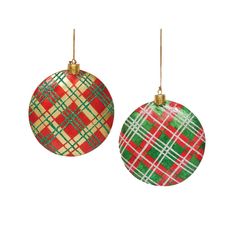 two christmas ornaments hanging from strings on a white background, each decorated with a tartan plaid pattern