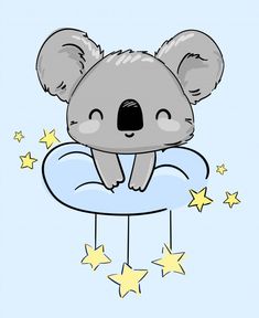 a koala bear sitting on top of a cloud with stars in the sky behind it