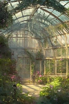 the inside of a greenhouse with lots of plants and flowers in it's walls