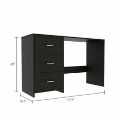 an image of a desk with three drawers and one shelf on the bottom, measurements