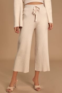 Cute Cream Pants - Cropped Sweater Pants - Ribbed Knit Culottes - Lulus Cute Honeymoon Outfits, Honeymoon Dresses, Essential Pants, Honeymoon Dress, 2020 Style, Cream Pants, Honeymoon Outfits, Drawstring Detail, Dolman Sleeve Sweater