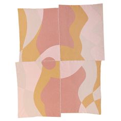 two pieces of fabric with different shapes and colors on them, one is pink, the other is yellow