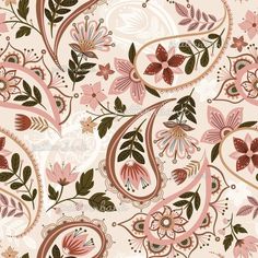 a pink and brown floral pattern on a white background with green leaves, flowers, and swirls