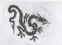 a black and white drawing of a dragon