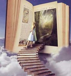 an open book sitting on top of a stair in the sky with words above it