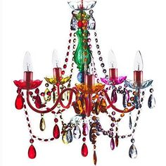 a multi - colored chandelier hanging from the ceiling with beads and crystals on it