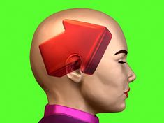 the head of a person with a red object in it's hair, against a green background