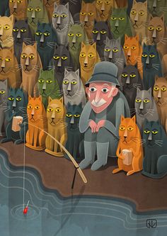 a painting of a man surrounded by cats with a fishing rod in front of him