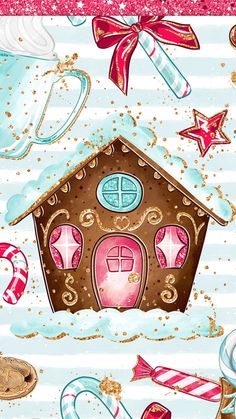 a gingerbread house is surrounded by candy canes and other christmas decorations on a striped background