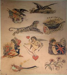 an old fashioned tattoo design on paper with pictures of people and animals, including a tiger