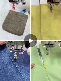 four pictures showing how to sew with the sewing machine and stitching tools in place