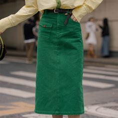 Purchase with blouse>>   High Waist Green Straight Skirt  Material: 70% Cotton+30% Polyester   Style: Retro, Workwear  Size: S, M, L, XL Color: Green  Occasion: Leisure, Outdoor, Daily, Vacation Colorful Workwear, Wool Skirt Outfit, Green Denim Skirt, Green Clothes, Blue Denim Skirt, Green Outfit, Wool Skirt, Pink Skirt, Straight Skirt