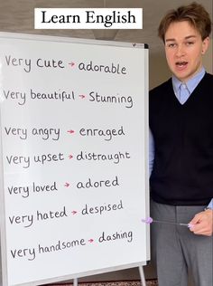 a man standing in front of a whiteboard with words written on it and the caption learn english