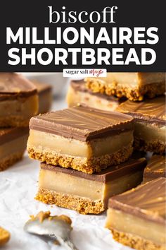 chocolate and peanut butter shortbreads stacked on top of each other with text overlay