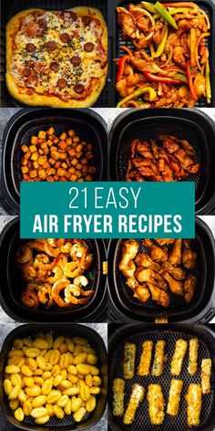 different types of air fryer recipes in black containers