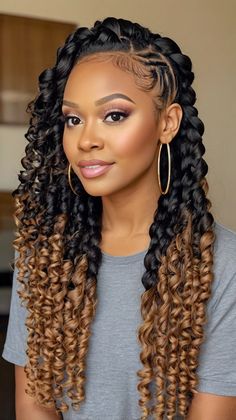 Braids Hairstyles with Curl Braided Hairstyles Crochet, Crochet Braid Styles Curls, Easy Hairstyles For Black Women, Corn Roll Hair Styles, Braids Hairstyles With Curls, Holiday Braids, Hairstyles With Curls, Natural Braided Hairstyles, Beauty Journal