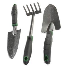 three garden tools are shown on a white background