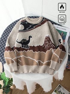 Men's Casual Dropped Shoulder Dinosaur Pattern Sweater, Fall/Winter Khaki Casual  Long Sleeve Fabric Animal,Cartoon,Colorblock,Geometric Pullovers Slight Stretch  Men Clothing, size features are:Bust: ,Length: ,Sleeve Length: Cool Sweaters For Men, Guys Fits, Sweaters Men, Pullover Mode, Dinosaur Pattern, Fits Clothes, Animal Cartoon, Fabric Animals, Sweater Knitting Patterns