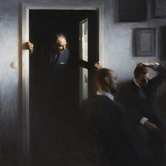 a painting of two men in suits opening a door to another man wearing a suit